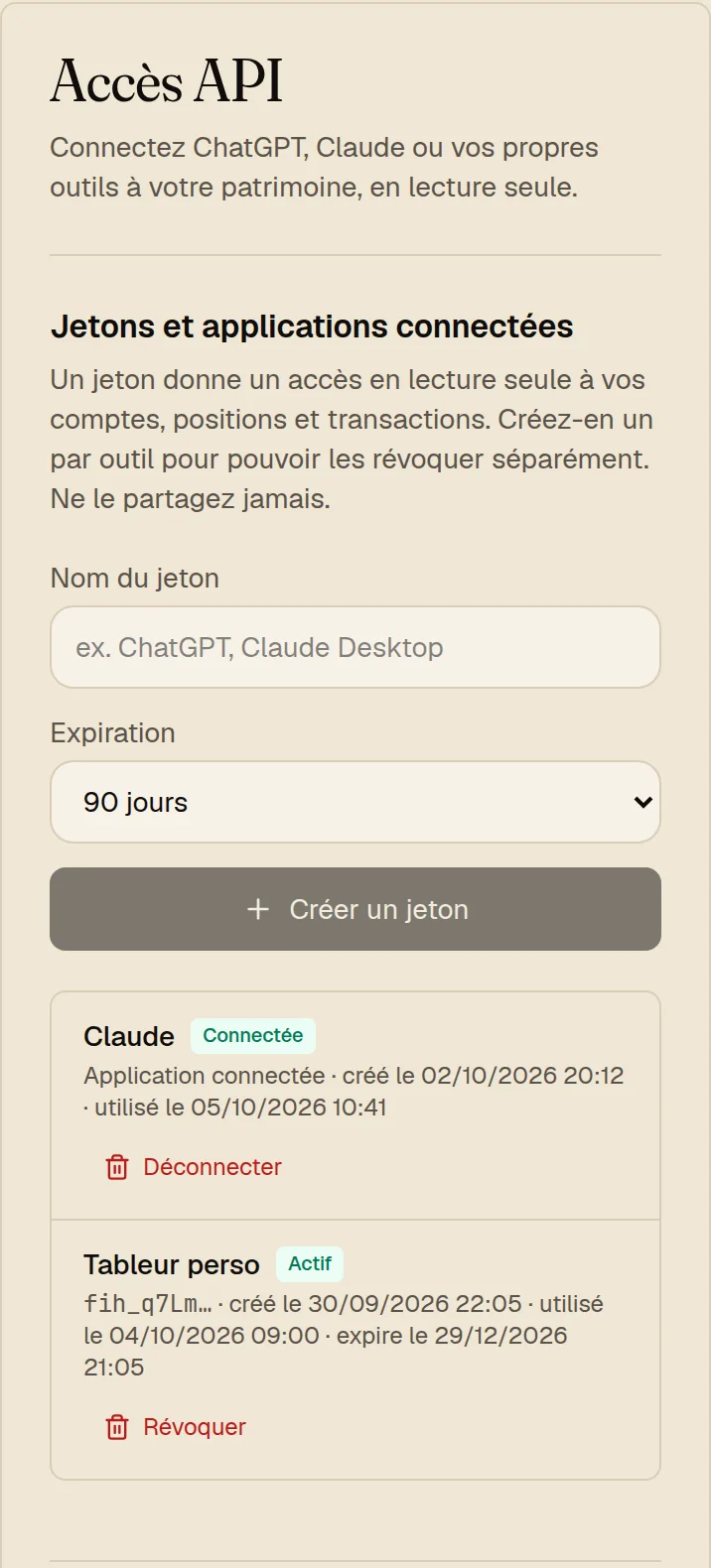 Paramètres, Accès API : Claude connecté par OAuth et un jeton personnel en lecture seule, chacun révocable séparément.